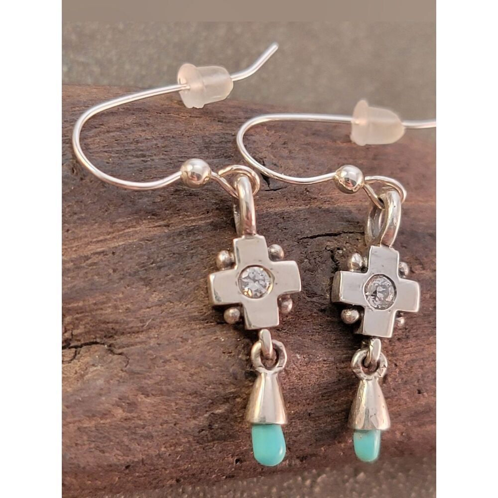 Barse Sterling Silver Cross Turquoise & CZ Earrings NEW!